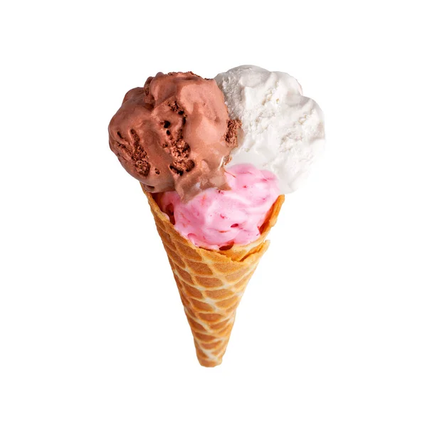 Crispy Ice Cream Waffle Cone Three Scoops Vanilla Chocolate Strawberry Royalty Free Stock Images
