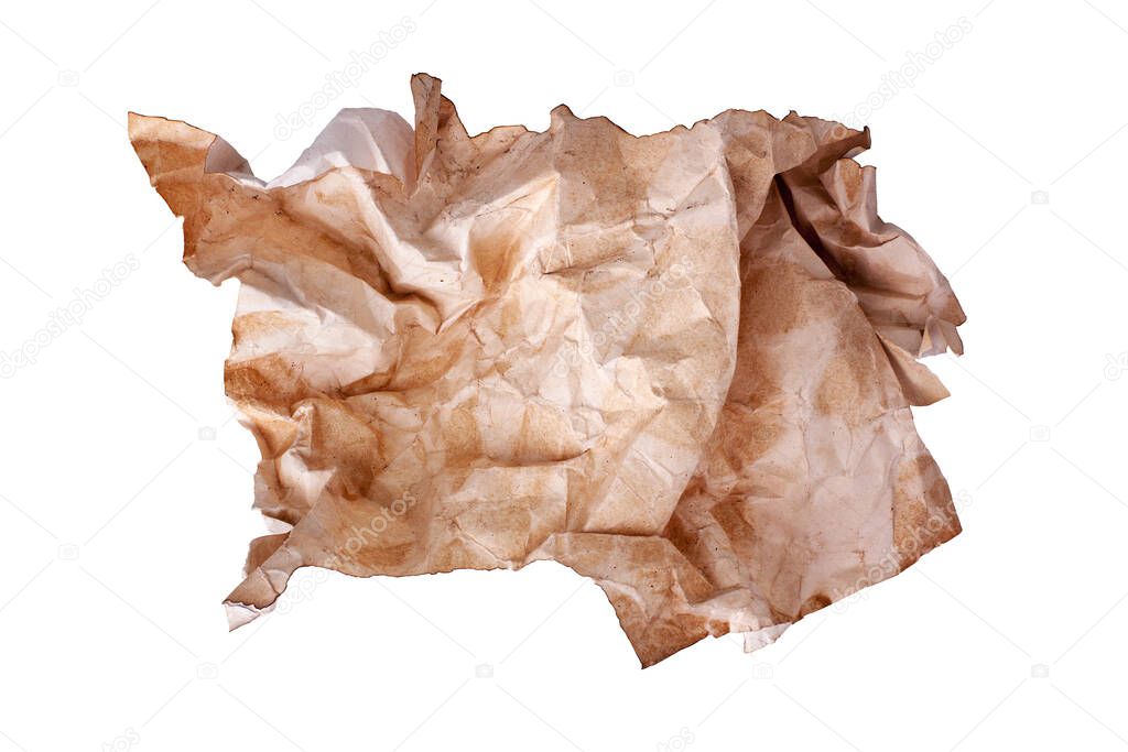 rumpled old brown paper ball on white background isolated close up, wrinkled dirty used sheet of paper, burnt stained pattern texture, garbage recycling concept, trash utilization design element