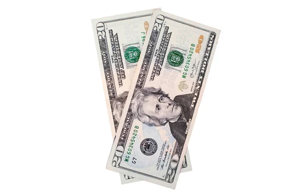 Duas Notas Vinte Dólares Fundo Branco Isoladas Perto Dólares Americanos — Fotografia de Stock
