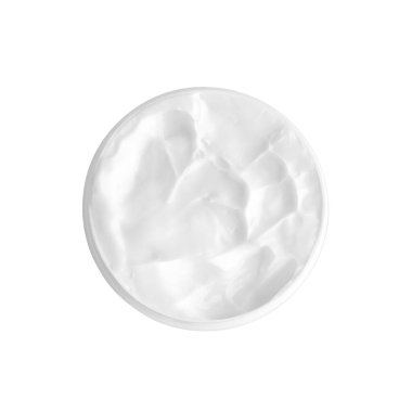 Beyaz arka planda açık yuvarlak kavanozda beyaz yüz ya da vücut kremi kapalı üst görünüm, kremsi doku dairesi makro, pürüzsüz krem yüzey, doğal kozmetik krem ürün kabı