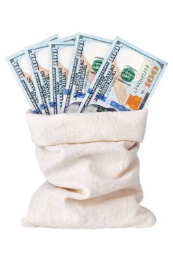 100 dolarlık banknotlar çuval içinde beyaz arka plan kapalı, 100 Amerikan doları çanta dolusu yelpaze para destesi, para çantası tasarımı, para kesesi
