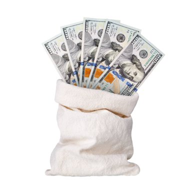 100 dolarlık banknotlar çuval içinde beyaz arka plan kapalı, 100 Amerikan doları çanta dolusu yelpaze para destesi, para çantası tasarımı, para kesesi
