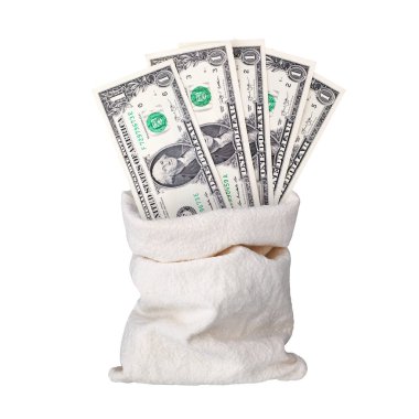 Beyaz arka planda bir Amerikan doları banknot kapalı kapalı kapalı, 1 Amerikan doları fan çanta dolusu yelpaze nakit kağıt para, para çantası tasarımı, kese tasarruf