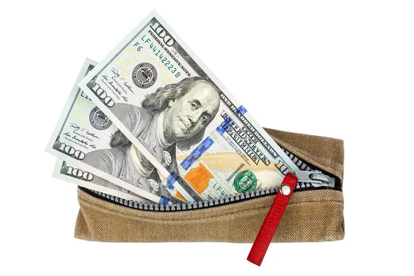 Sto Dolarů Bankovky Otevřené Peněžence Zipem Bílém Pozadí Izolované Zblízka — Stock fotografie