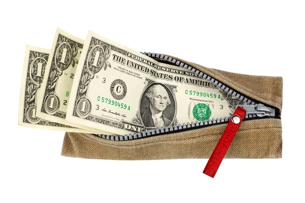 Jeden Nás Dolar Bankovky Otevřené Peněžence Zipem Bílém Pozadí Izolované — Stock fotografie