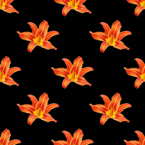 シームレスなパターンオレンジ色のユリの花の黒の背景が孤立し 赤と黄色の花びらユリの繰り返しの装飾 カラフルなユリのテクスチャ ユリの花のプリント 現代のユリの壁紙 日ユリの背景 — ストック写真
