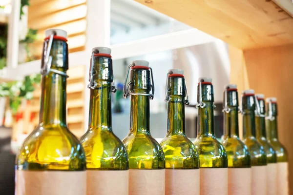 Green Glass Bottles Wine Line Wood Shelf Bar Interior Design — Stock Photo, Image