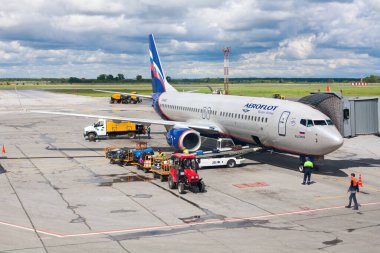 NOVOSIBIRSK, RUSSIA - June 9, 2019: Tolmachevo Airport, ground handling services of airplane Boeing 737-800 named after N. Leskov, Aeroflot Airlines, baggage loading, flight to Moscow, Russia clipart