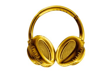 Beyaz arka plandaki altın renkli kablosuz kulaklıklar yakın plan, lüks altın metalden bluetooth kulaklık, modern yüksek kalite wi-fi sarı kulaklıklar, sesli müzik sembolü, stereo ses elektroniği işareti.