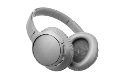 Beyaz arka plandaki gri kablosuz kulaklıklar yakından izole edilmiş, büyük deri kulaklık tasarımı ile gri bluetooth kulaklık, modern siyah wi-fi stereo ses kulaklıkları yan görüş, ses müzik cihazı