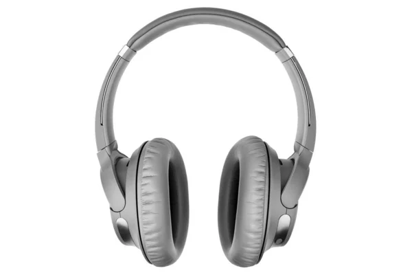 白い背景にグレーのワイヤレスヘッドフォンを隔離されたクローズアップ 大きな革の耳パッドクッションデザインのグレーのブルートゥースヘッドセット 現代の黒のWi Fiステレオサウンドイヤフォンサイドビュー オーディオ音楽デバイス — ストック写真