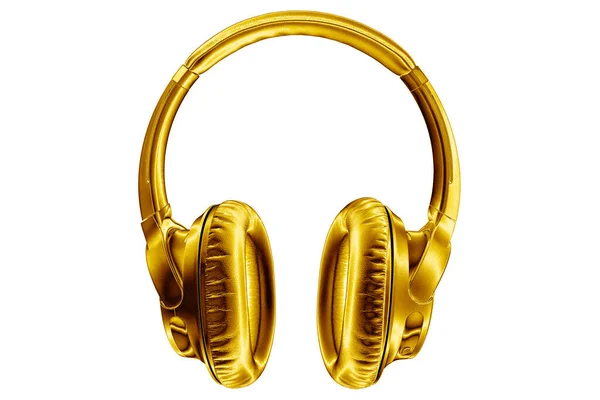 Beyaz arka plandaki altın renkli kablosuz kulaklıklar yakın plan, lüks altın metalden bluetooth kulaklık, modern yüksek kalite wi-fi sarı kulaklıklar, sesli müzik sembolü, stereo ses elektroniği işareti.