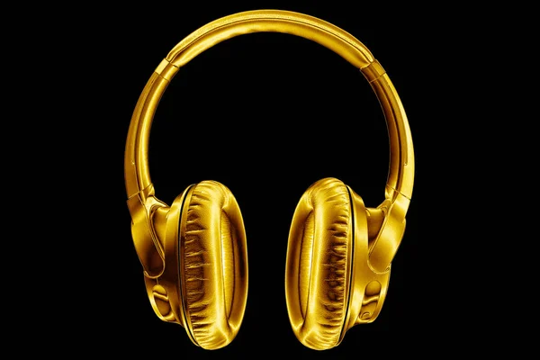 黒の背景に金色の光沢のあるワイヤレスヘッドフォンを密接に隔離された 豪華な金の金属のブルートゥースヘッドセット 現代的なハイエンドのWi Fi黄色のイヤホン オーディオ音楽記号 ステレオサウンドエレクトロニクスサイン — ストック写真