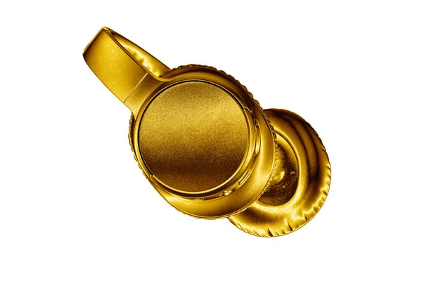 Goldener Glänzender Drahtloser Kopfhörer Auf Weißem Hintergrund Isoliert Nahaufnahme Luxuriöses — Stockfoto