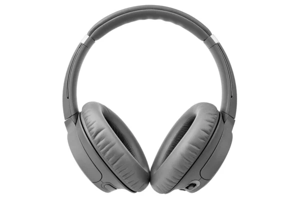Graue Drahtlose Kopfhörer Auf Weißem Hintergrund Isoliert Nahaufnahme Graues Bluetooth — Stockfoto