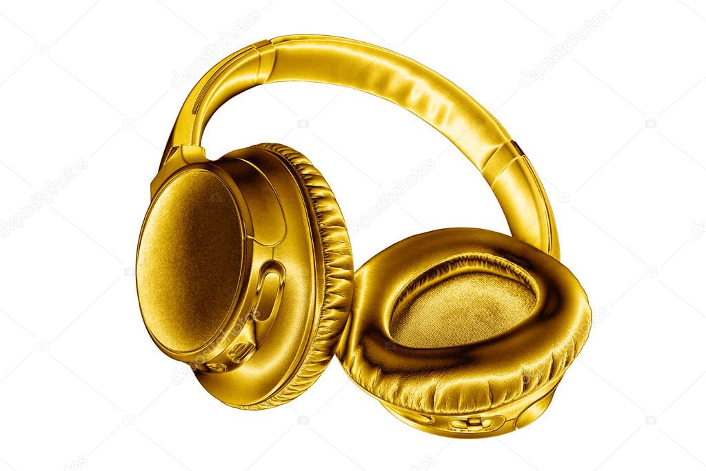 Golden shiny wireless headphones on white background isolated close up, luxury gold metal bluetooth headset, modern high end wi-fi yellow earphones, audio music symbol, stereo sound electronics sign