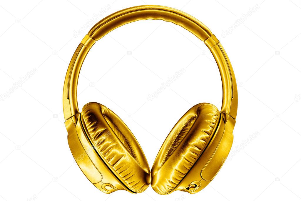 Golden shiny wireless headphones on white background isolated close up, luxury gold metal bluetooth headset, modern high end wi-fi yellow earphones, audio music symbol, stereo sound electronics sign