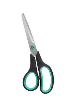 Beyaz arka planda siyah plastik saplı gümüş metal makas yakın plan, kağıt, kumaş makası, saç makası, terzi makası, hiç kimse, stüdyo çekimi