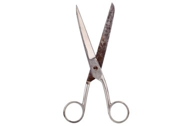Eski moda paslı metal açık makas beyaz arka planda izole edilmiş yakın plan, kağıt, kumaş makası, eski saç kesme makası, terzi makası, hiç kimse, stüdyo çekimi