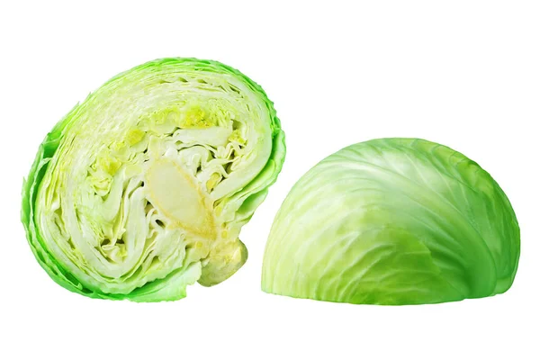 Two Green Leafy Cabbage Halves White Background Isolated Close Cutted — Stock Photo, Image