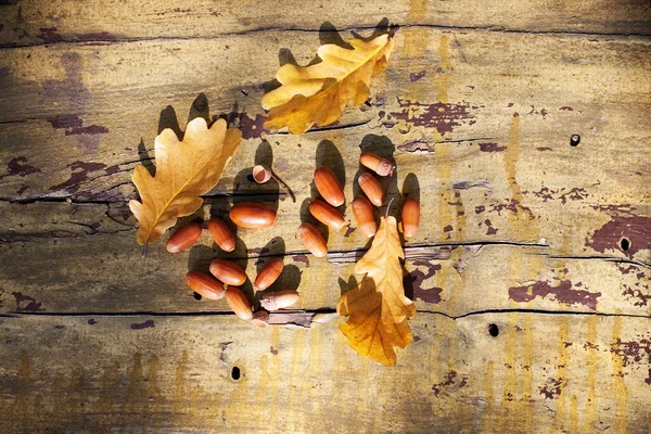 Tre Foglie Quercia Gialla Cadute Ghiande Rosse Vecchio Sfondo Legno — Foto Stock