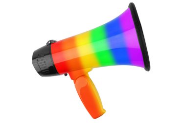 Beyaz arka planda gökkuşağı çizgili megafon yakın plan, LGBT topluluk bayrağı renk hoparlörü, LGBTQ gurur çizgileri yüksek sesli selamlayıcı, gey, lezbiyen vs., serbest aşk işareti, megafon simgesi, megafon simgesi