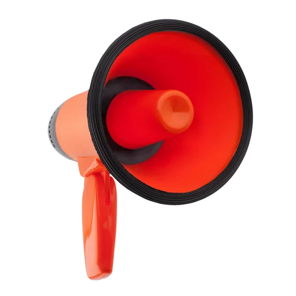 Orange Megafon Vit Bakgrund Isolerad Närbild Hand Högtalare Design Röd — Stockfoto