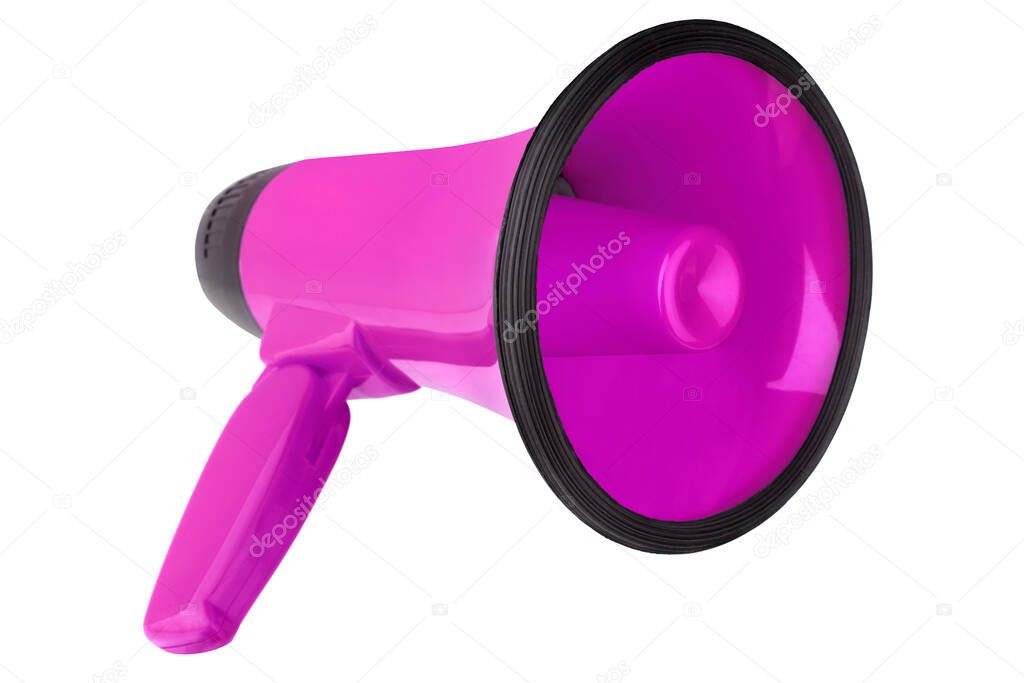 Pink megaphone on white background isolated closeup, hand loudspeaker design, purple loudhailer or speaking trumpet illustration, announcement or alarm symbol, media or communication icon, alert sign