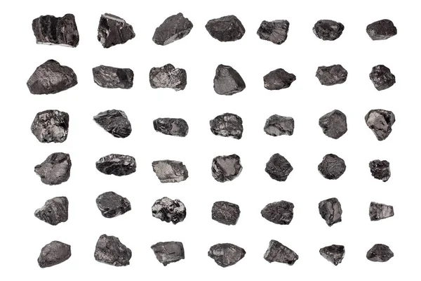 闭合在白色背景上的黑色煤岩 天然炭块的收集 无烟煤的岩石结构 原矿块 一组火化炉 石墨样品 矿物矿物矿物燃料 — 图库照片