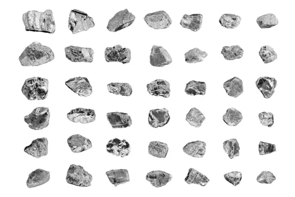 Silbersteine Setzen Weißen Hintergrund Isolierte Nahaufnahme Eisenmine Nugget Sammlung Graue — Stockfoto