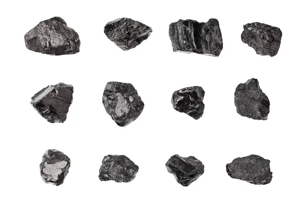 Black Coal Stones Set White Background Isolated Close Natural Charcoal — Stock Photo, Image