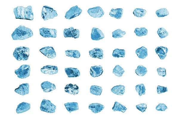Blue gem stones white background isolated closeup, crushed ice cubes set, rough diamonds collection, raw brilliants texture, natural rocks nuggets, group of crystals, mineral samples, gemstone, jewel