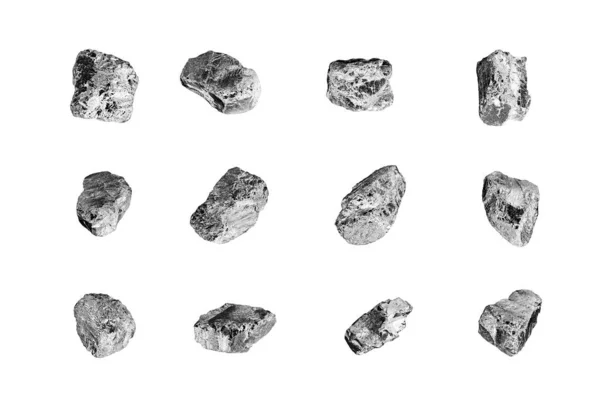 银石设置白色背景隔离特写 铁矿块采集 灰色金属矿样纹理 原金属矿块 群闪光灰色块 天然矿块 毛坯橡胶 — 图库照片
