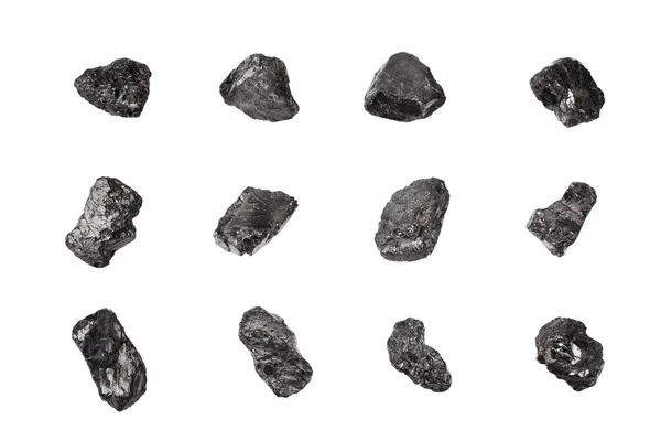 Pedras Carvão Preto Definidas Fundo Branco Isolado Perto Coleção Peças — Fotografia de Stock
