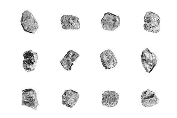 银石设置白色背景隔离特写 铁矿块采集 灰色金属矿样纹理 原金属矿块 群闪光灰色块 天然矿块 毛坯橡胶 — 图库照片