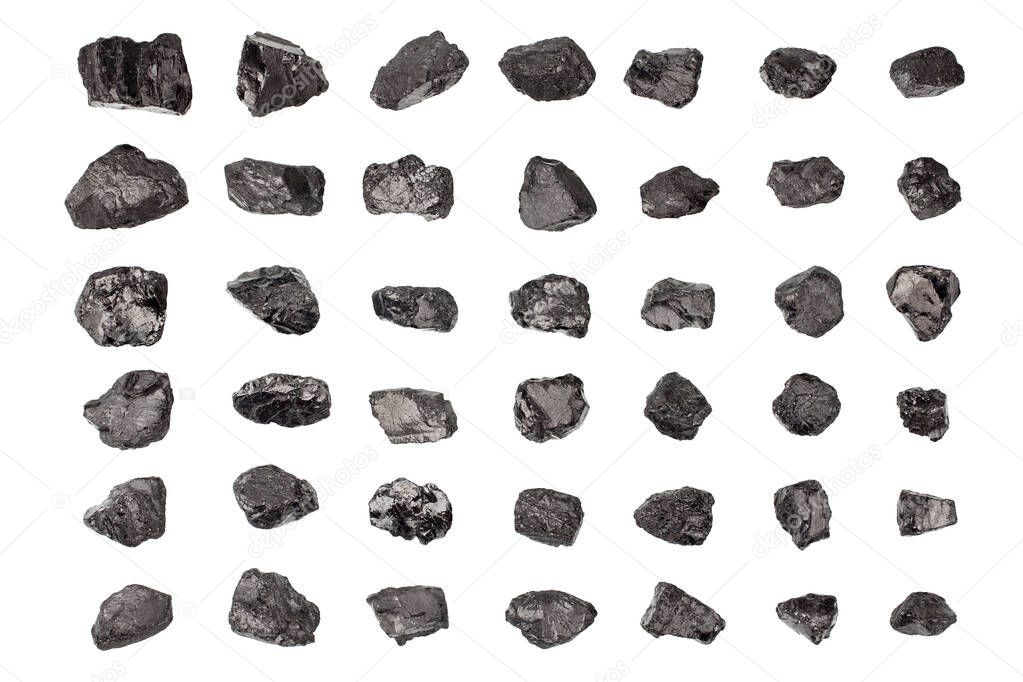 Black coal stones set on white background isolated close up, natural charcoal pieces collection, anthracite rock texture, raw coal mine nuggets, group of embers, graphite samples, mineral fossil fuel