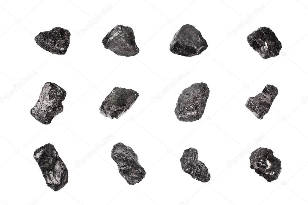 Black coal stones set on white background isolated close up, natural charcoal pieces collection, anthracite rock texture, raw coal mine nuggets, group of embers, graphite samples, mineral fossil fuel
