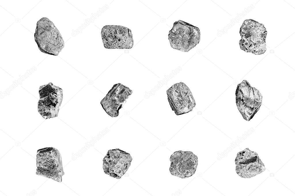 Silver stones set white background isolated closeup, iron mine nugget collection, gray metallic rock samples texture, raw metal ore pieces, group shiny grey lumps, natural mineral chunk, rough rubbles