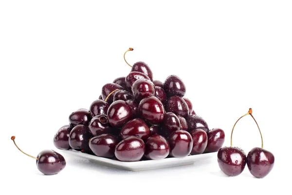 Cherries Berries White Plate White Background Isolated Close Red Ripe — Stock Photo, Image