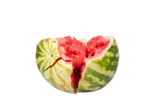 Gebrochene Wassermelone Auf Weißem Hintergrund Isoliert Nahaufnahme — Stockfoto