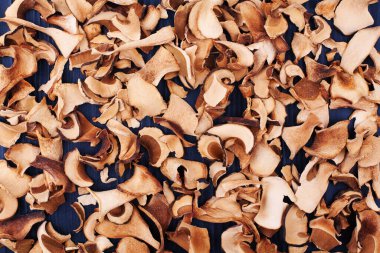 Yenilebilir kurutulmuş mantarlar üst görünüm yakın plan, kuru boletus edulis koyu doku, doğranmış kahverengi kaput boletus duvar kağıdı, dilimlenmiş bozuk para çöreği deseni, cep parçaları, porcino, porcini, kesilmiş beyaz mantar.