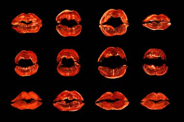 Kırmızı ruj izi, siyah arka plan, yakın plan, turuncu seksi dudak izi makyaj koleksiyonu, neon ışıklı kadın öpücükleri, duvar kağıdı, moda afişi, aşk ve tutku işareti.