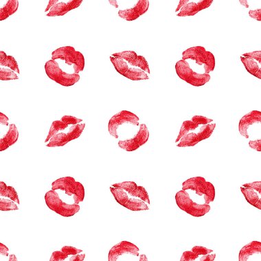 Beyaz arka planda kusursuz kırmızı ruj izi, seksi pembe dudaklar makyaj izleri tekrar eden süs, kadın öpücükleri duvar kâğıdı, güzellik makyaj arkaplanı, moda afişi, aşk tasarımı.