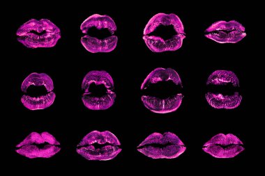 Pembe ruj izi siyah arka plan izole edilmiş, neon mor seksi dudak izi makyaj koleksiyonu, kırmızı kadın öpücükleri izi, güzellik duvar kağıdı, moda afişi, aşk ve tutku sembolü.