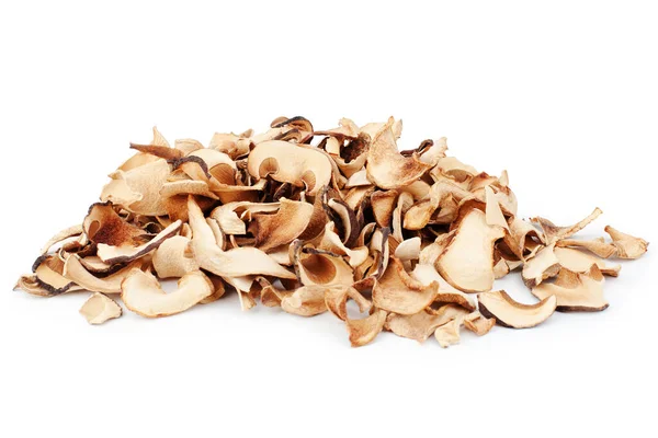 Cogumelos Secos Comestíveis Pilha Fundo Branco Isolado Perto Montão Boleto — Fotografia de Stock