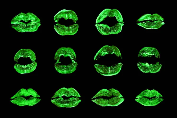 Grüner Lippenstift Kiss Print Set Schwarzer Hintergrund Isolierte Nahaufnahme Neonlicht — Stockfoto