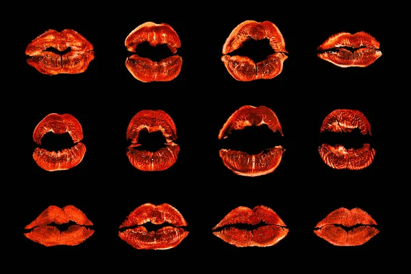 Roter Lippenstift Kuss Print Set Schwarzer Hintergrund Isoliert Nahaufnahme Orange — Stockfoto