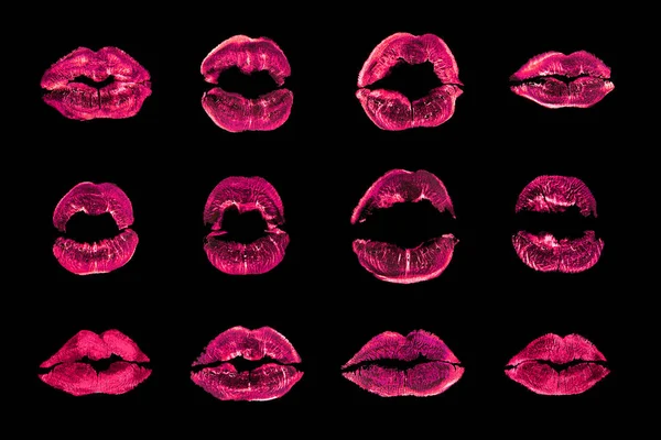 Rosafarbener Lippenstift Kuss Print Set Schwarzer Hintergrund Isoliert Nahaufnahme Rote — Stockfoto