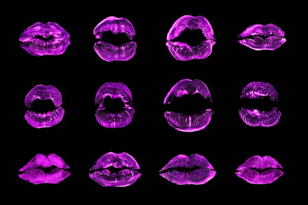Lila Lippenstift Kuss Print Set Schwarzer Hintergrund Isoliert Nahaufnahme Neonviolette — Stockfoto