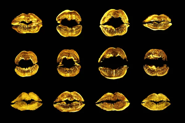 Golden Lippenstift Kiss Print Set Schwarzer Hintergrund Isoliert Nahaufnahme Gelbe — Stockfoto